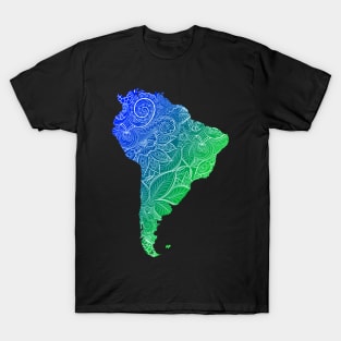 Colorful mandala art map of South America with text in blue and green T-Shirt